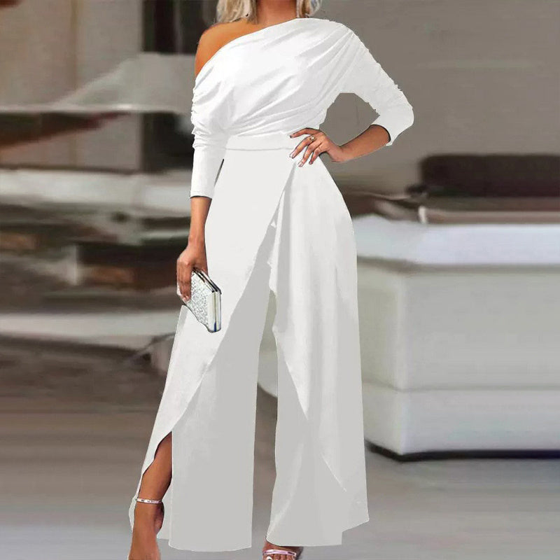 White formal party jumpsuit with pants slit featuring one-shoulder design and long sleeves
