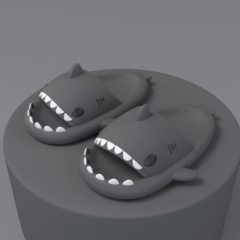 Funny shark slippers for adults in gray with open mouths and white teeth design