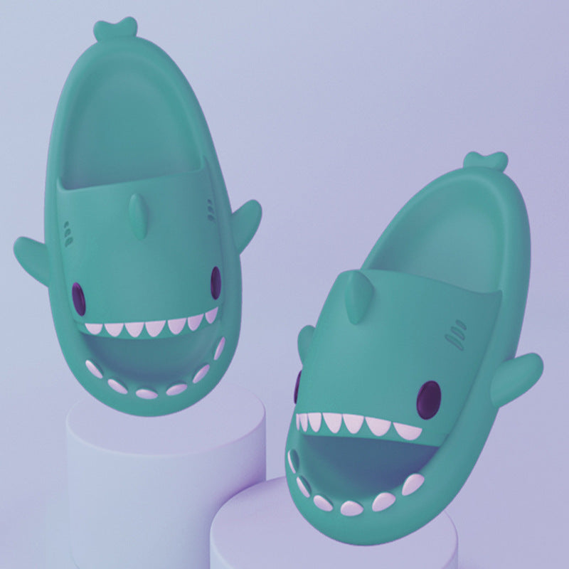 Green funny shark slippers for adults with cute teeth and fin design for comfortable wear