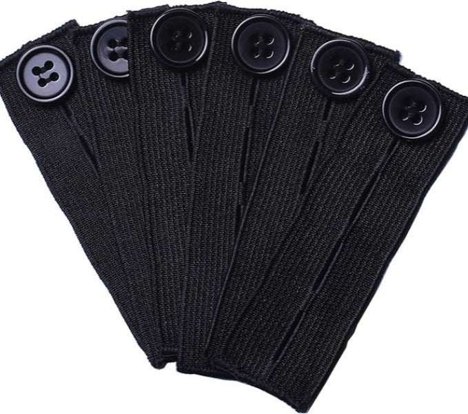 Set of black adjustable belt extension buckles with button closure for flexible belt sizing