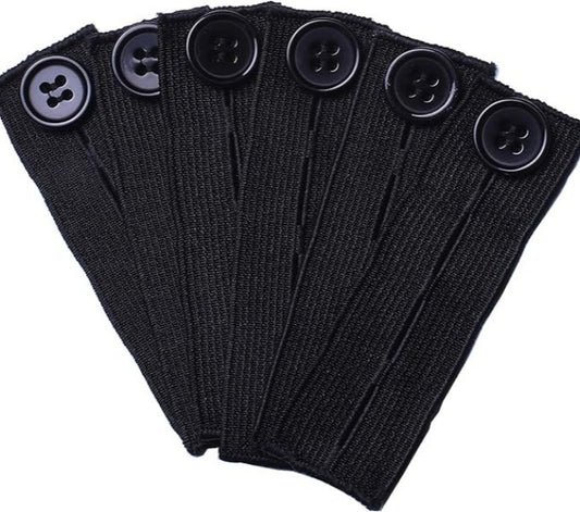 Set of black adjustable belt extension buckles with button closure for flexible belt sizing