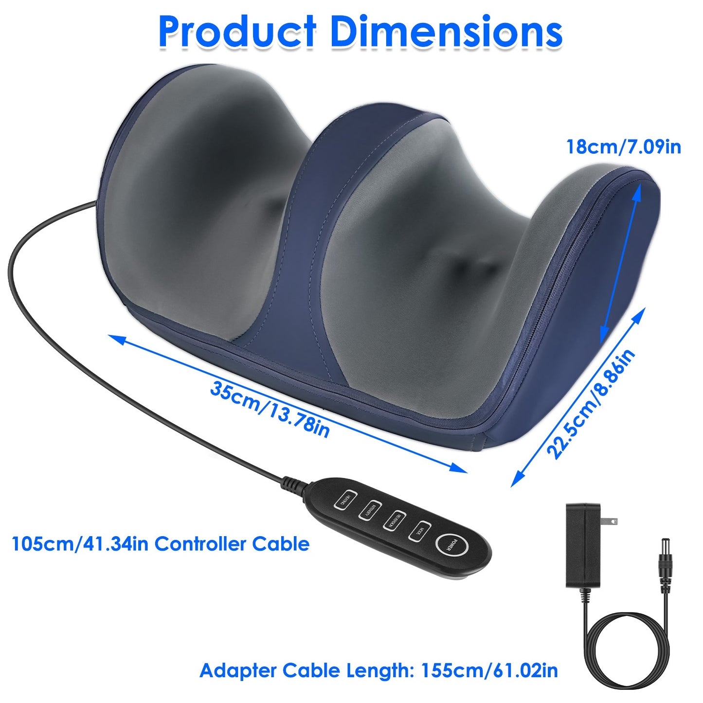 Luniva Care USA home foot and leg massager machine with remote control and adapter showing product dimensions