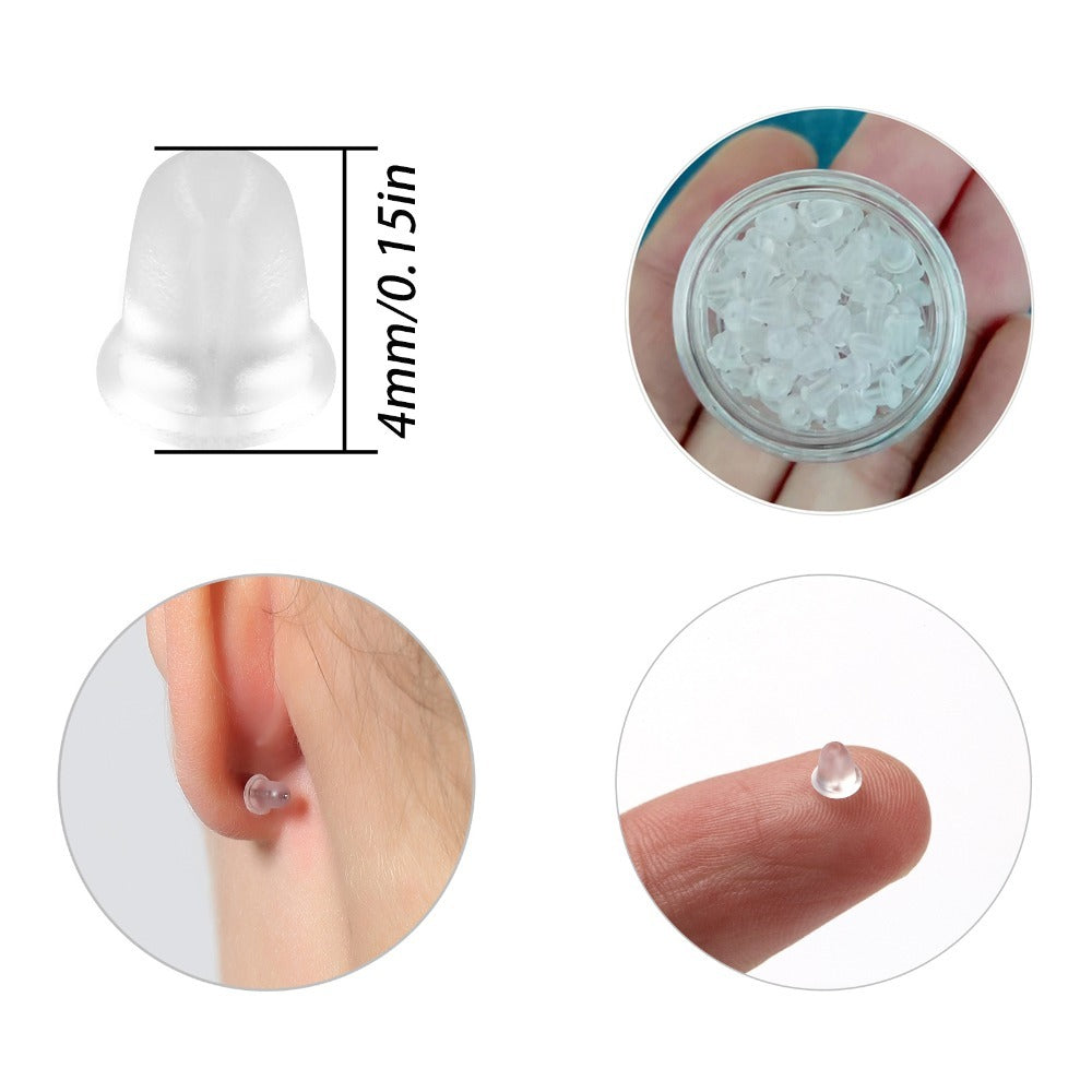 LUNIVA CARE USA clear silicone earring backs shown in container, on finger, and worn on ear