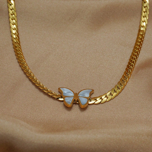Gold-plated butterfly jewelry gift set for her with delicate white enamel butterfly pendant necklace