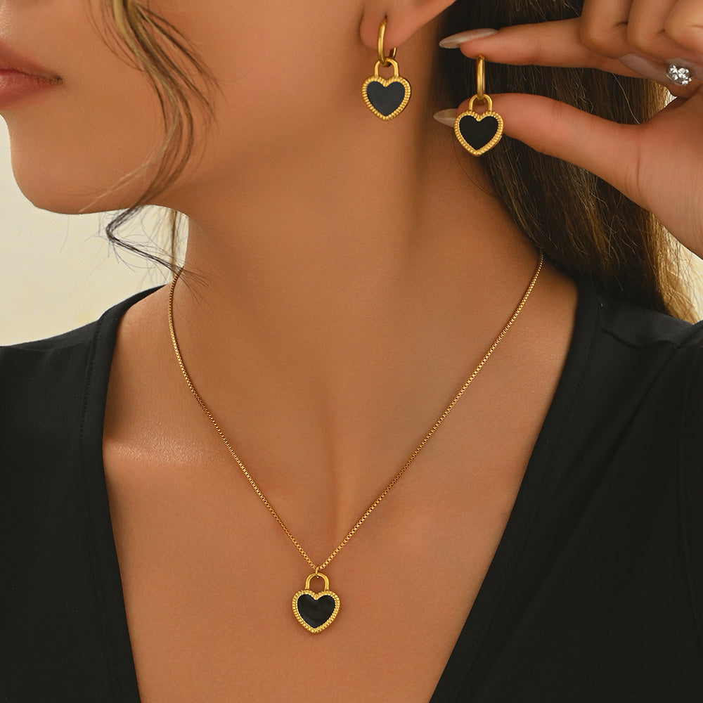 Gold heart pendant necklace for women with matching black heart earrings by LUNIVA CARE USA