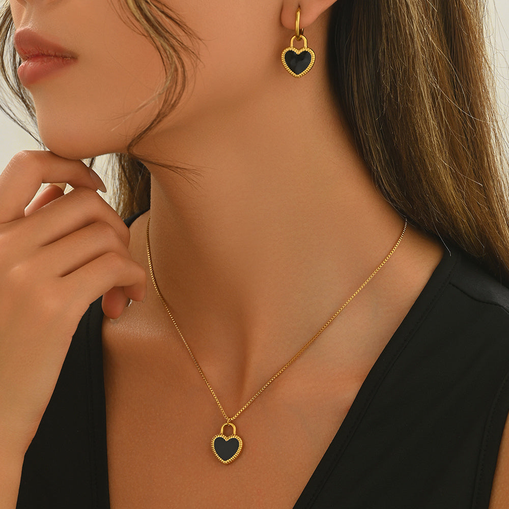 LUNIVA CARE USA gold heart pendant necklace for women with matching black heart earrings