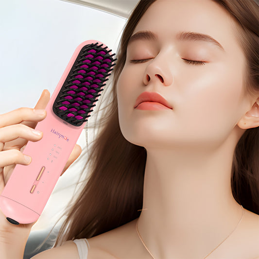 LUNIVA CARE USA cordless hair and beard straightener in pink held near woman with long brown hair