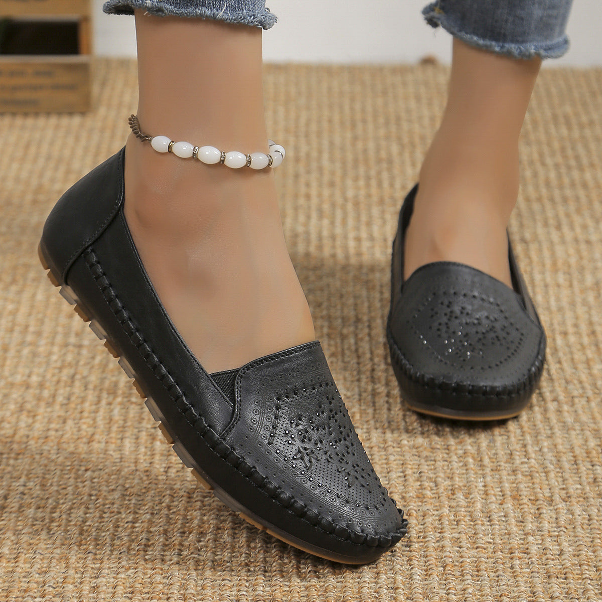 Black 14K gold electroplated gothic handmade women's casual shoes with perforated design