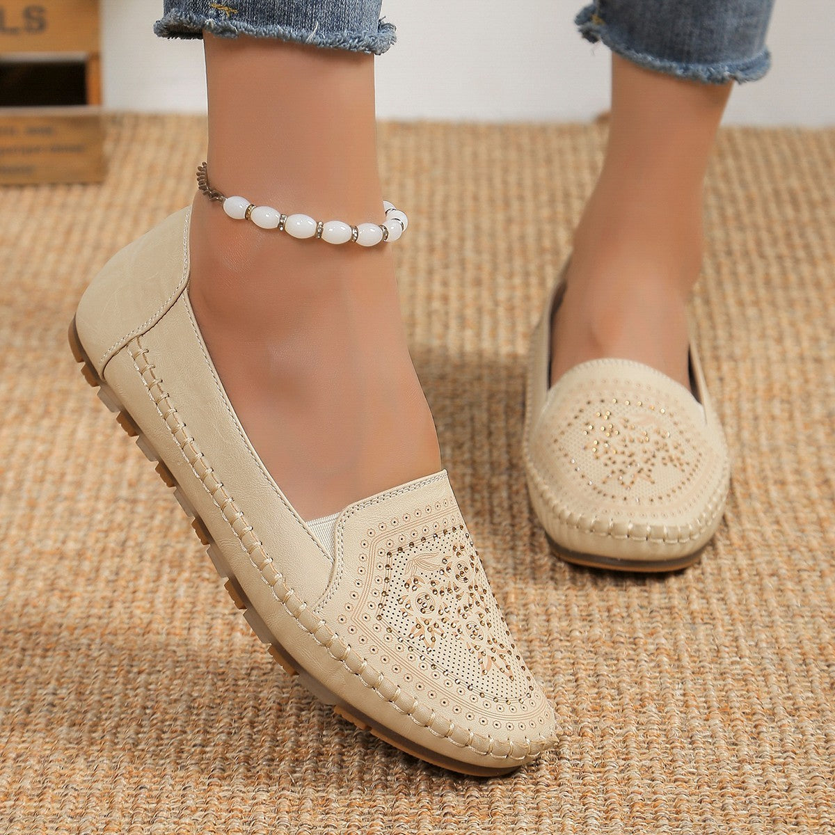 Beige 14K gold electroplated gothic style handmade women's casual shoes with decorative stitching
