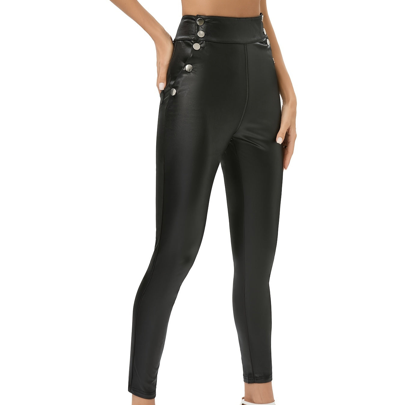 Black high waisted slimming pants for women with button details on the waist