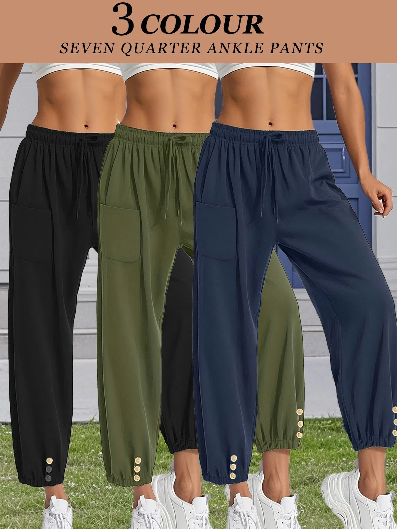 High waisted wide leg cropped pants in black olive and navy with button details and elastic waist