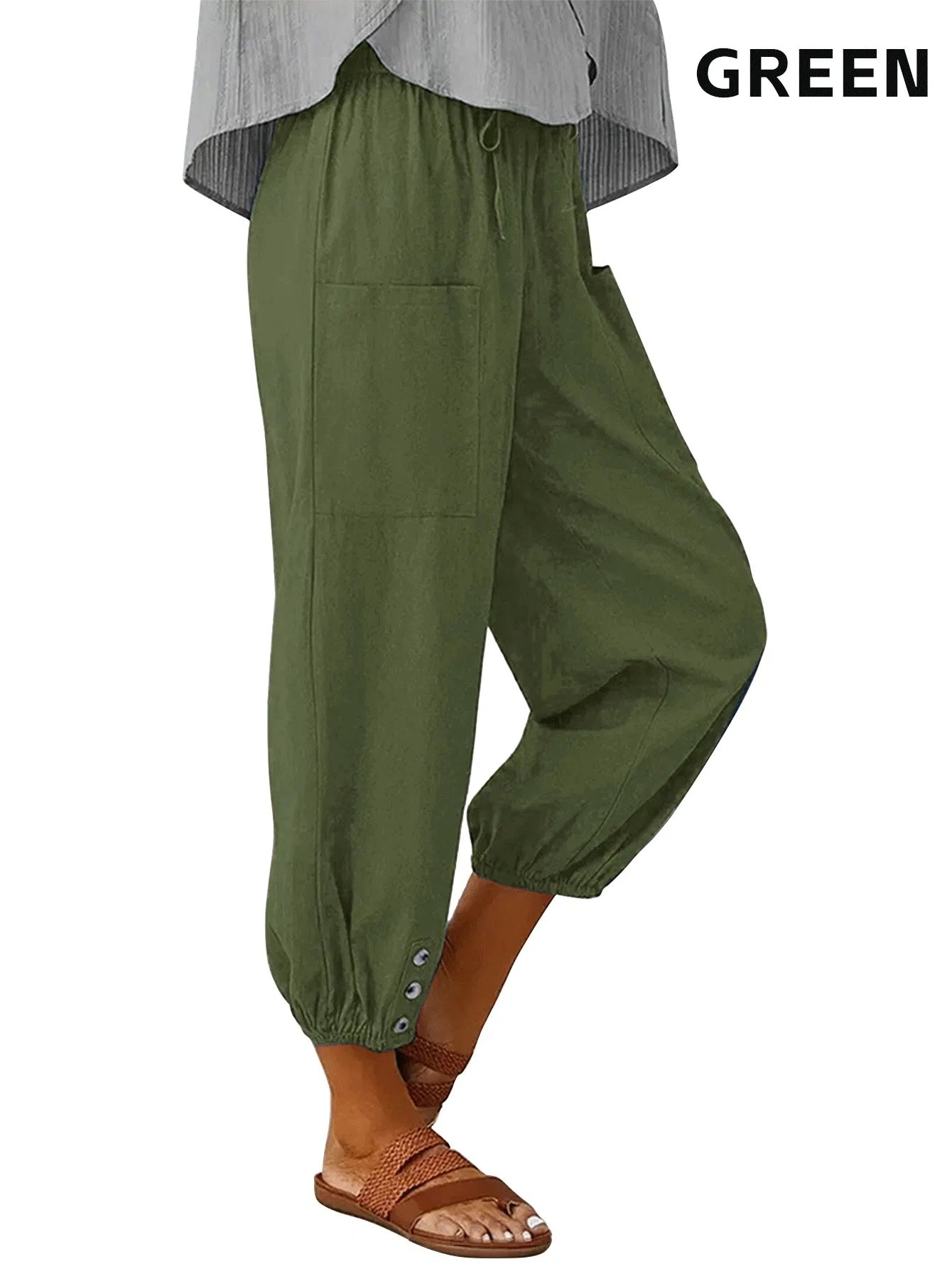 Green high waisted wide leg cropped pants with elastic cuffs and pocket detail
