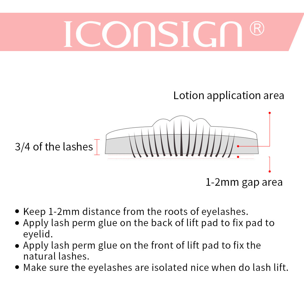 Diagram showing lash lift pad with instructions for professional eyelash lifting set application