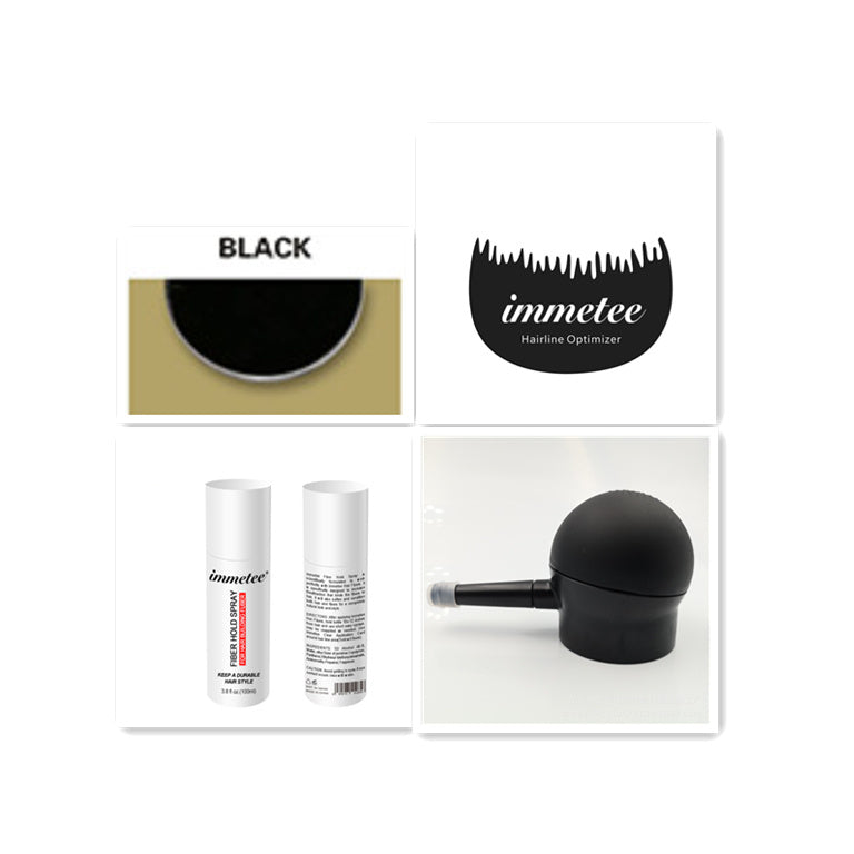 LUNIVA CARE USA hair thickening fiber concealer kit including black fibers and applicator for hairline optimization