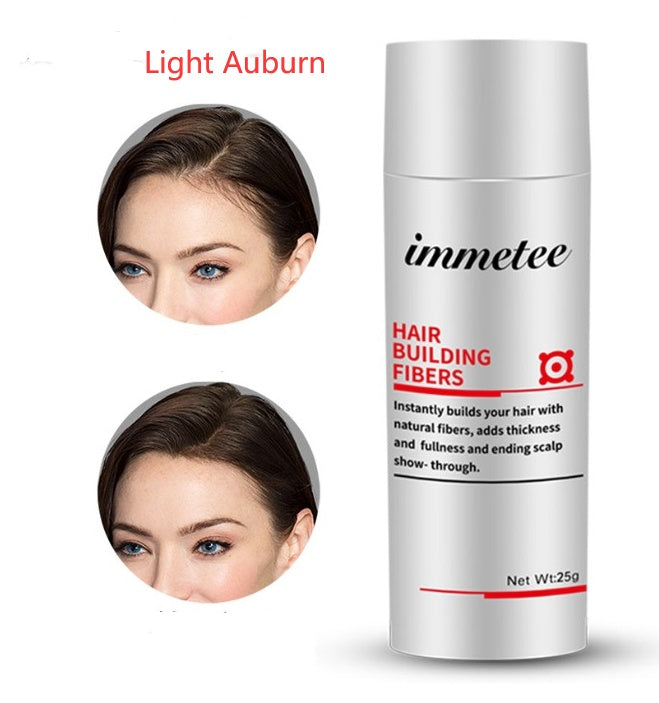 Immetee hair thickening fiber concealer in light auburn with before and after scalp coverage results