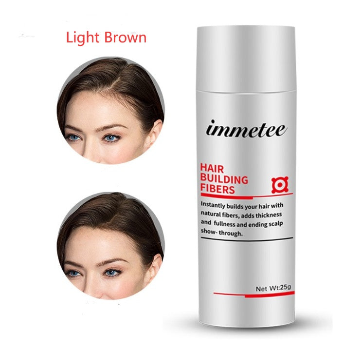 Immetee hair thickening fiber concealer in light brown with before and after hair volume results