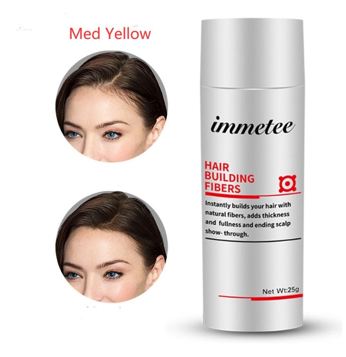 Immetee hair thickening fiber concealer in Med Yellow with before and after images showing thicker hair