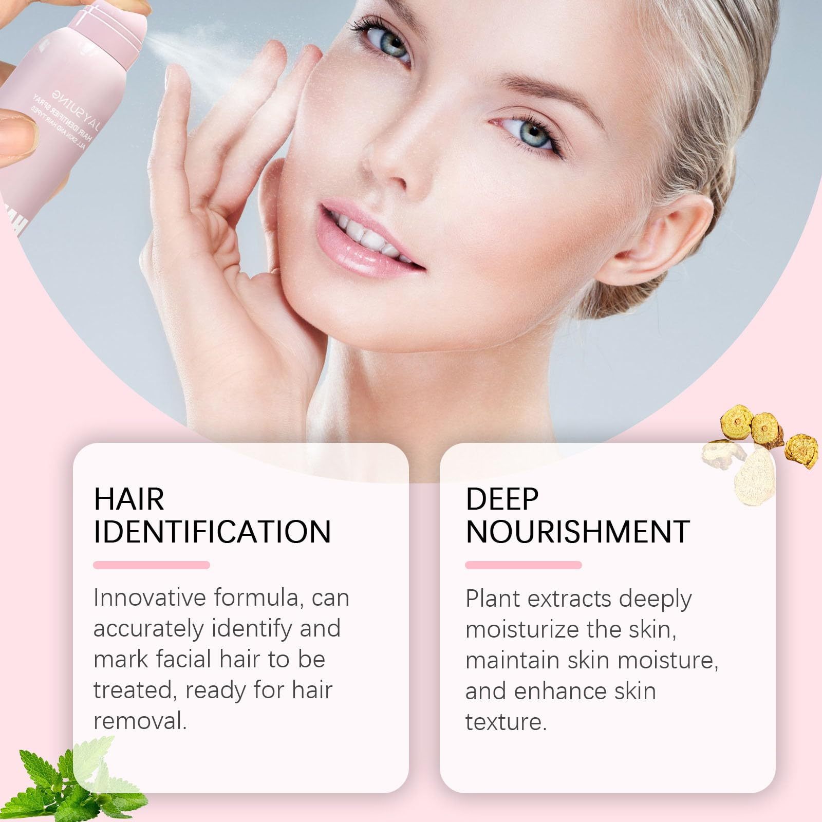 LUNIVA CARE USA hair identifier spray for face shaving showing product and clear smooth facial skin