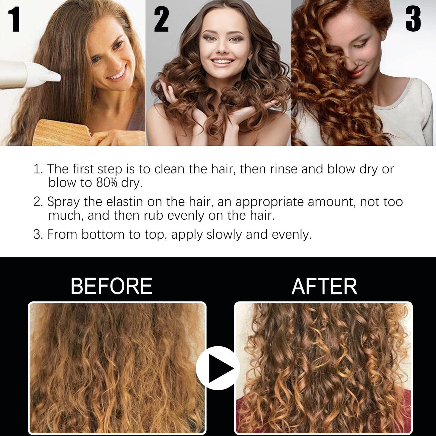 LUNIVA CARE USA volumizing hair setting spray before and after showing shiny defined curly hair transformation
