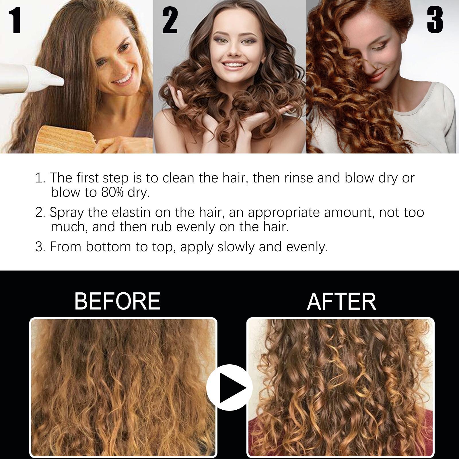 LUNIVA CARE USA volumizing hair setting spray before and after showing shiny defined curly hair transformation