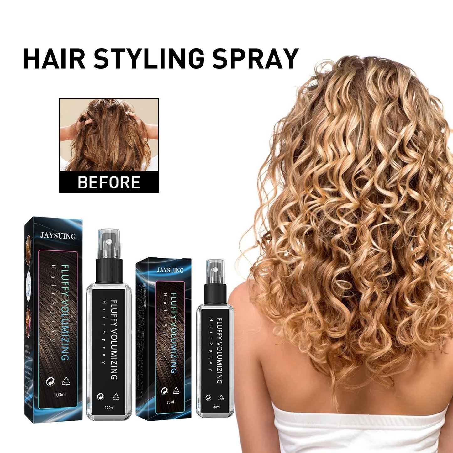 LUNIVA CARE USA volumizing hair setting spray showing before and after curly hair volume results