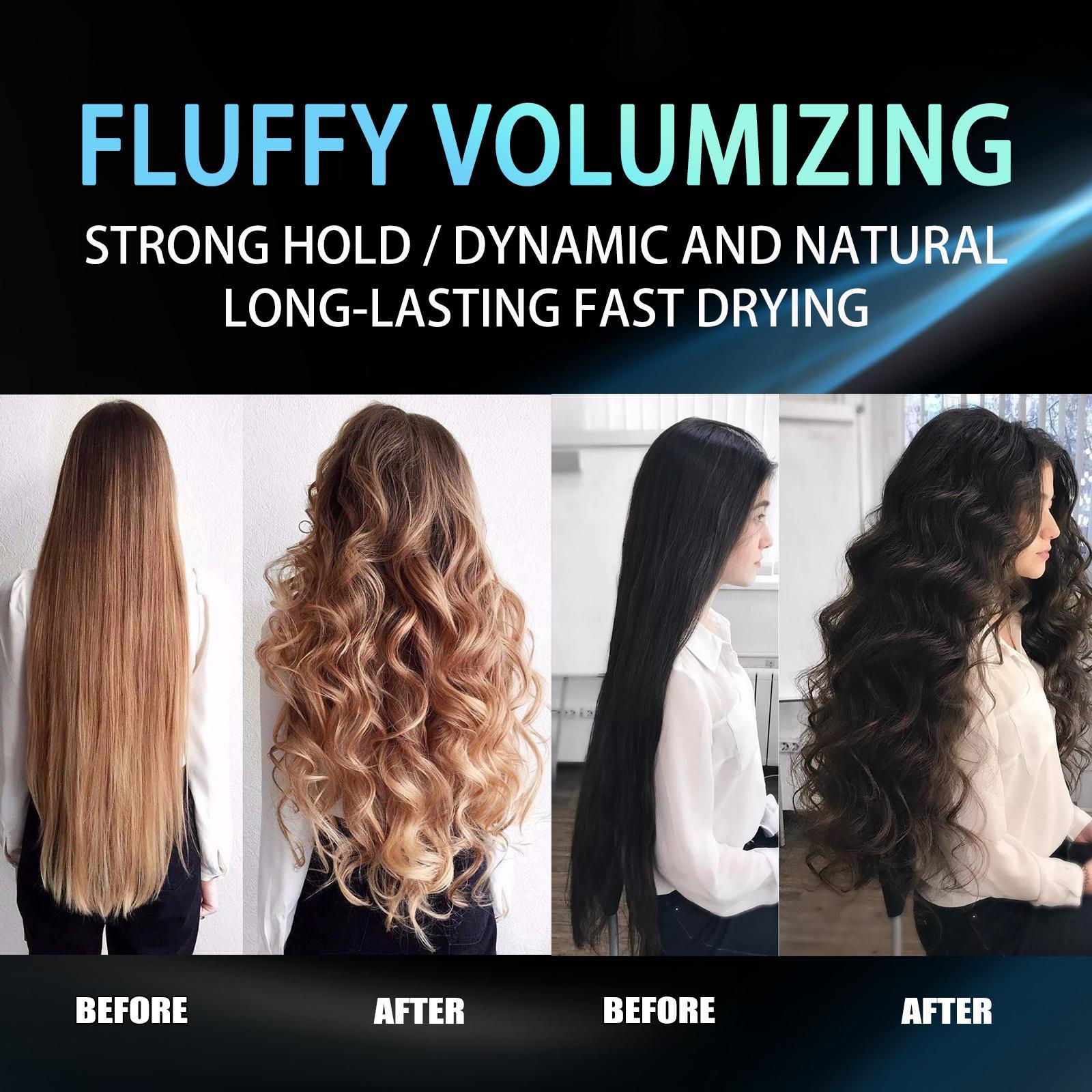 Luniva Care USA volumizing hair setting spray before and after effects showing strong hold and fluffy voluminous curls