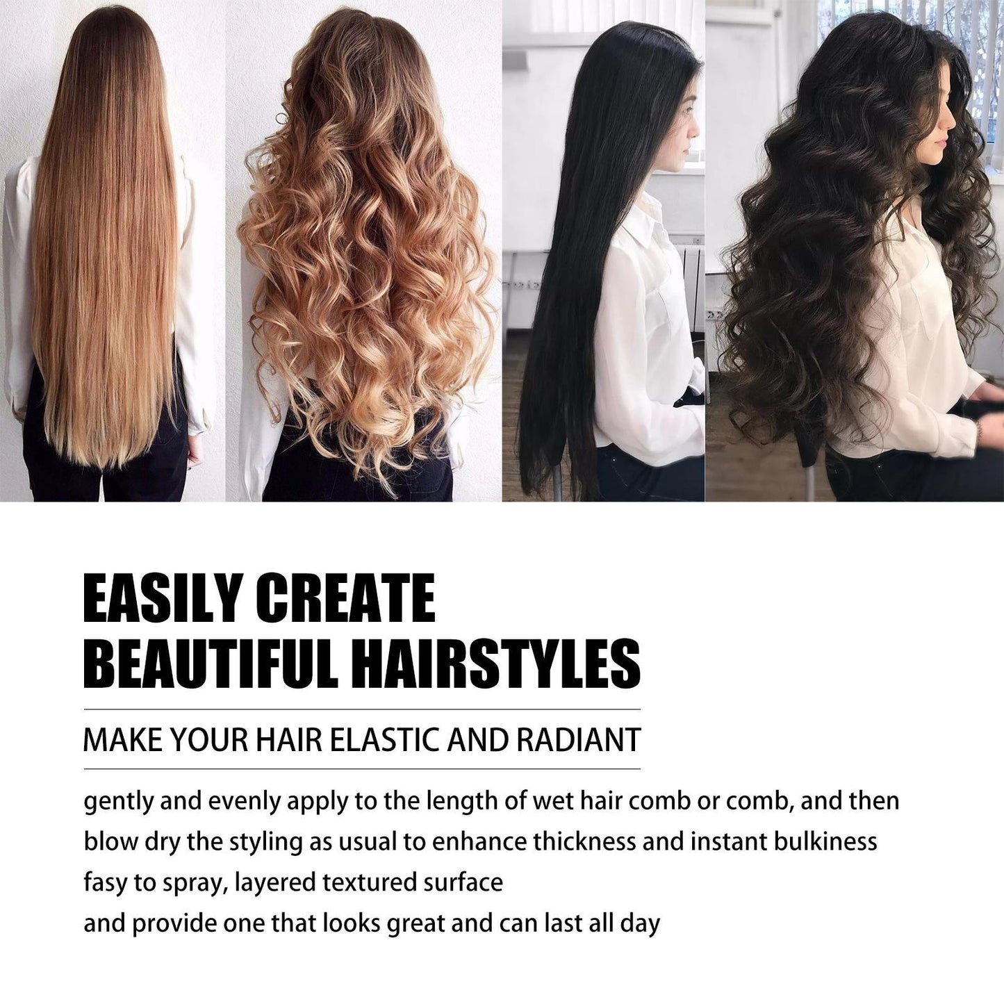LUNIVA CARE USA volumizing hair setting spray shown with before and after images of long straight and voluminous curly hairstyles