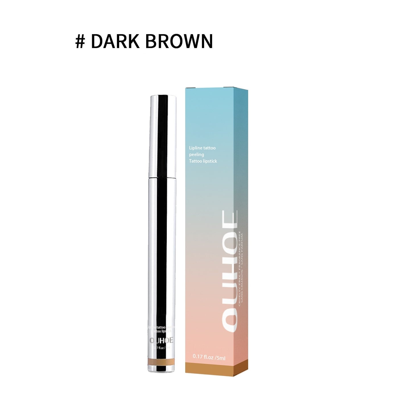 Luniva Care USA dark brown peel-off lip liner with sleek silver tube and gradient blue to peach box