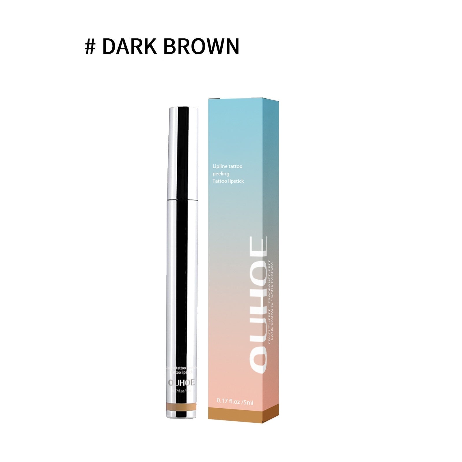 Luniva Care USA dark brown peel-off lip liner with sleek silver tube and gradient blue to peach box