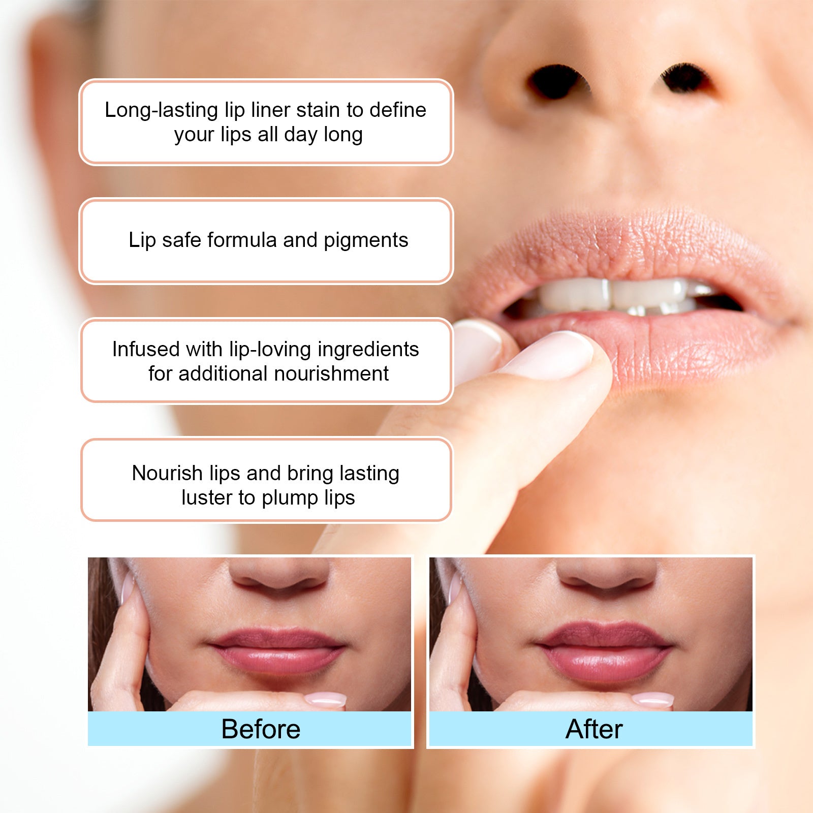 LUNIVA CARE USA peel-off lip liner showing before and after results with long-lasting lip stain