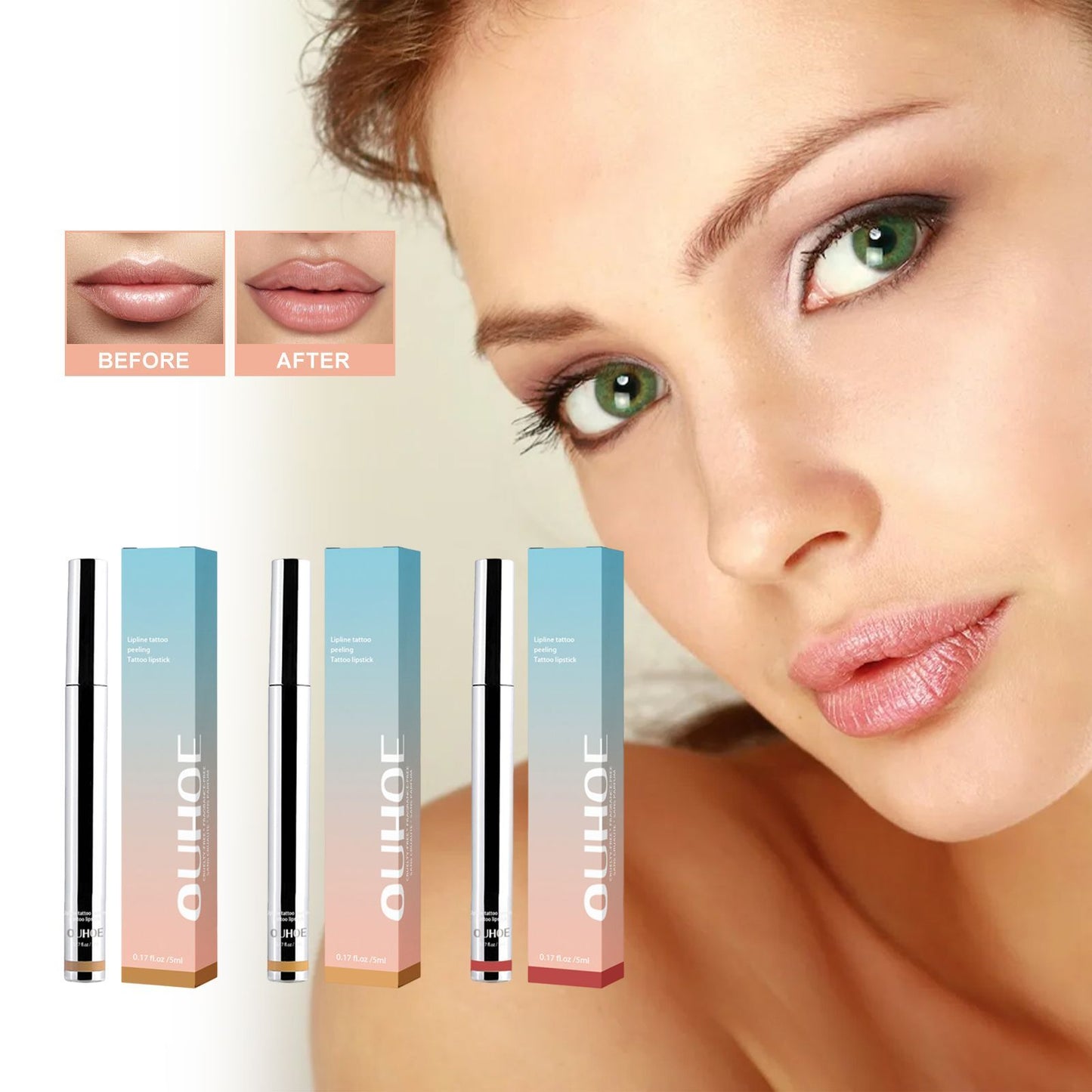 LUNIVA CARE USA peel-off lip liner with model showcasing before and after lip enhancement results
