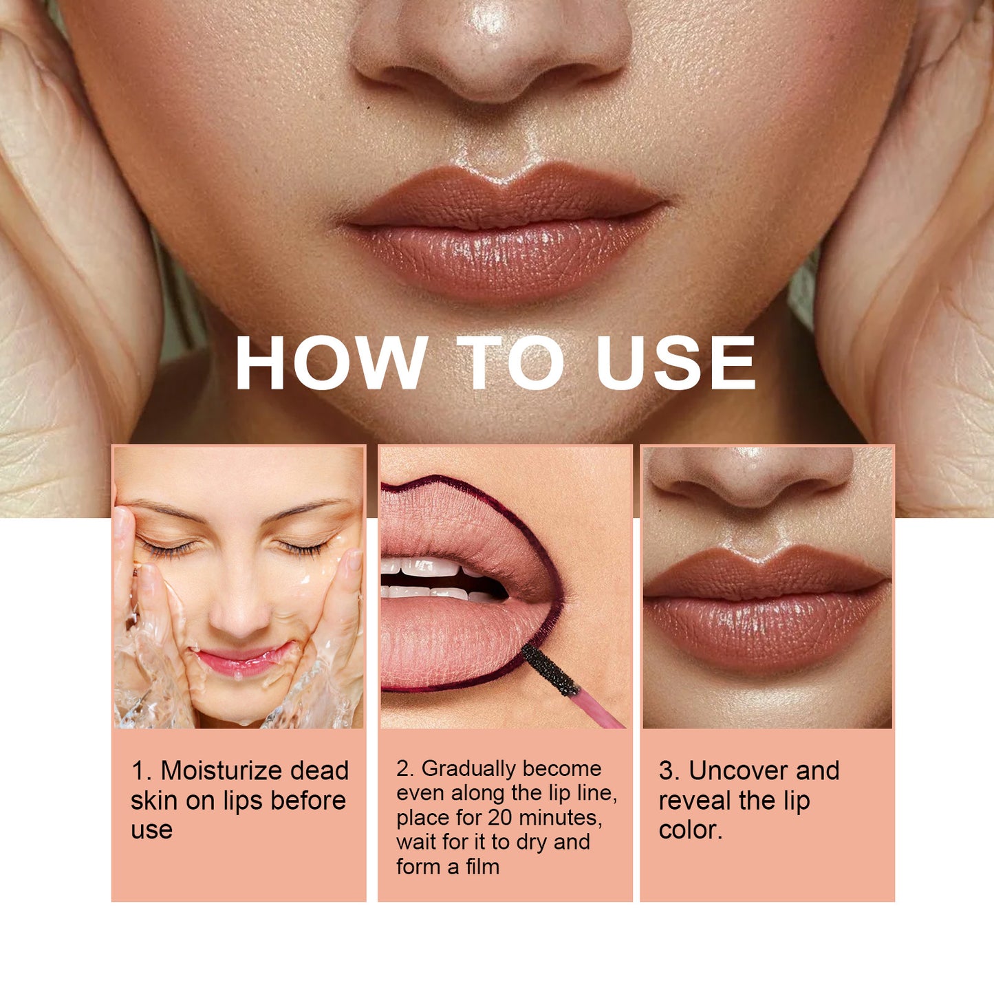 Luniva Care USA hydrating peel lip liner application steps showing moisturizing, applying liner, and revealing tinted lips