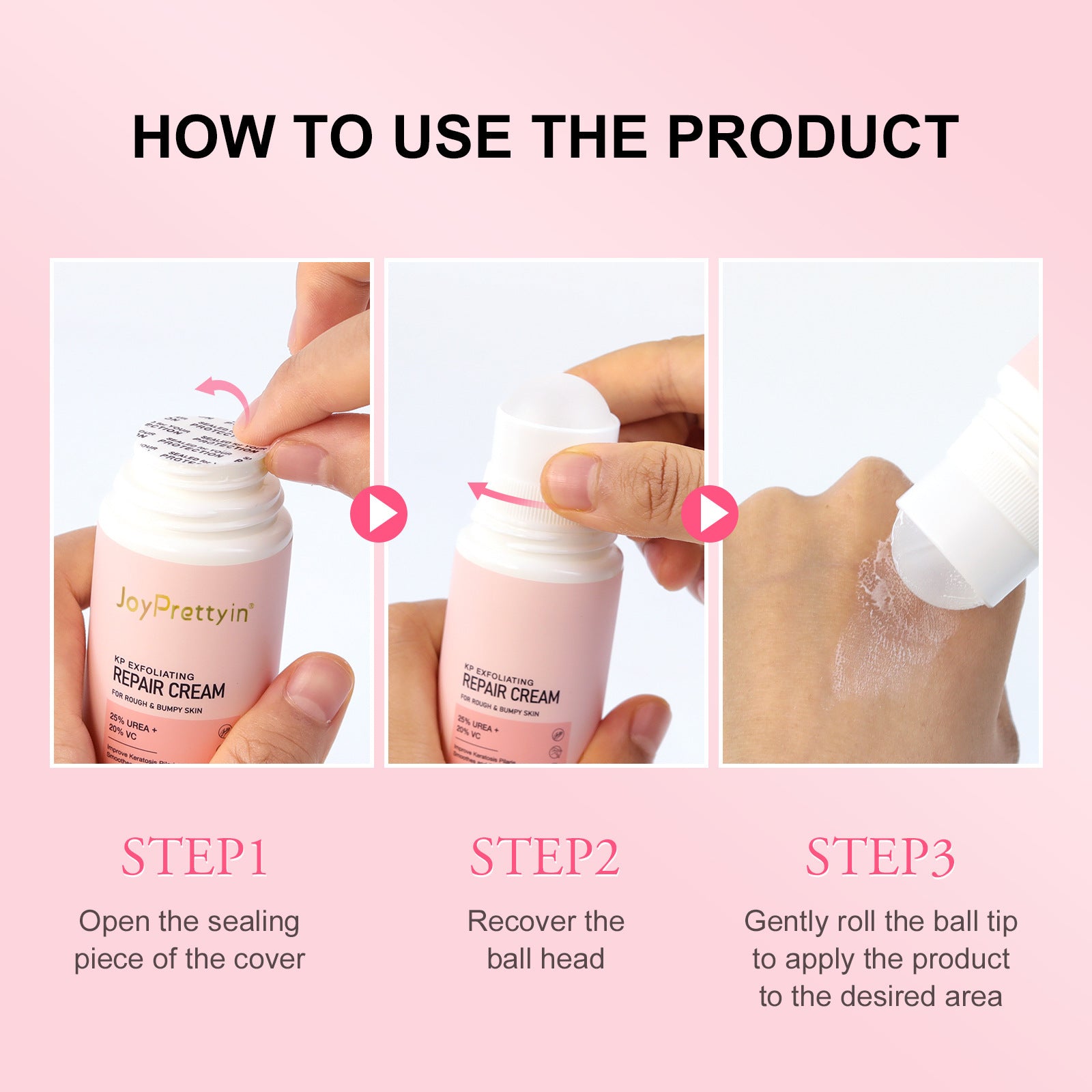 Instructions showing how to use chicken skin cream for keratosis pilaris with step by step application on hand