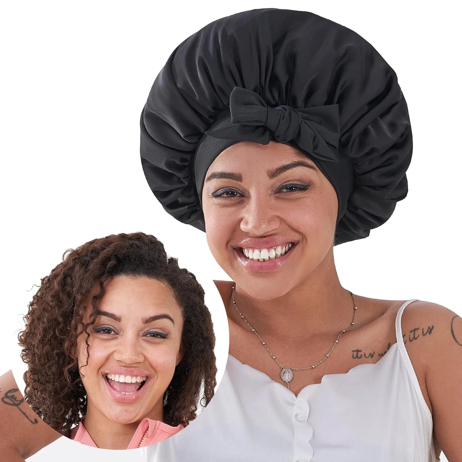 LUNIVA CARE USA unisex satin hair cap for curly hair shown on smiling woman with natural curls