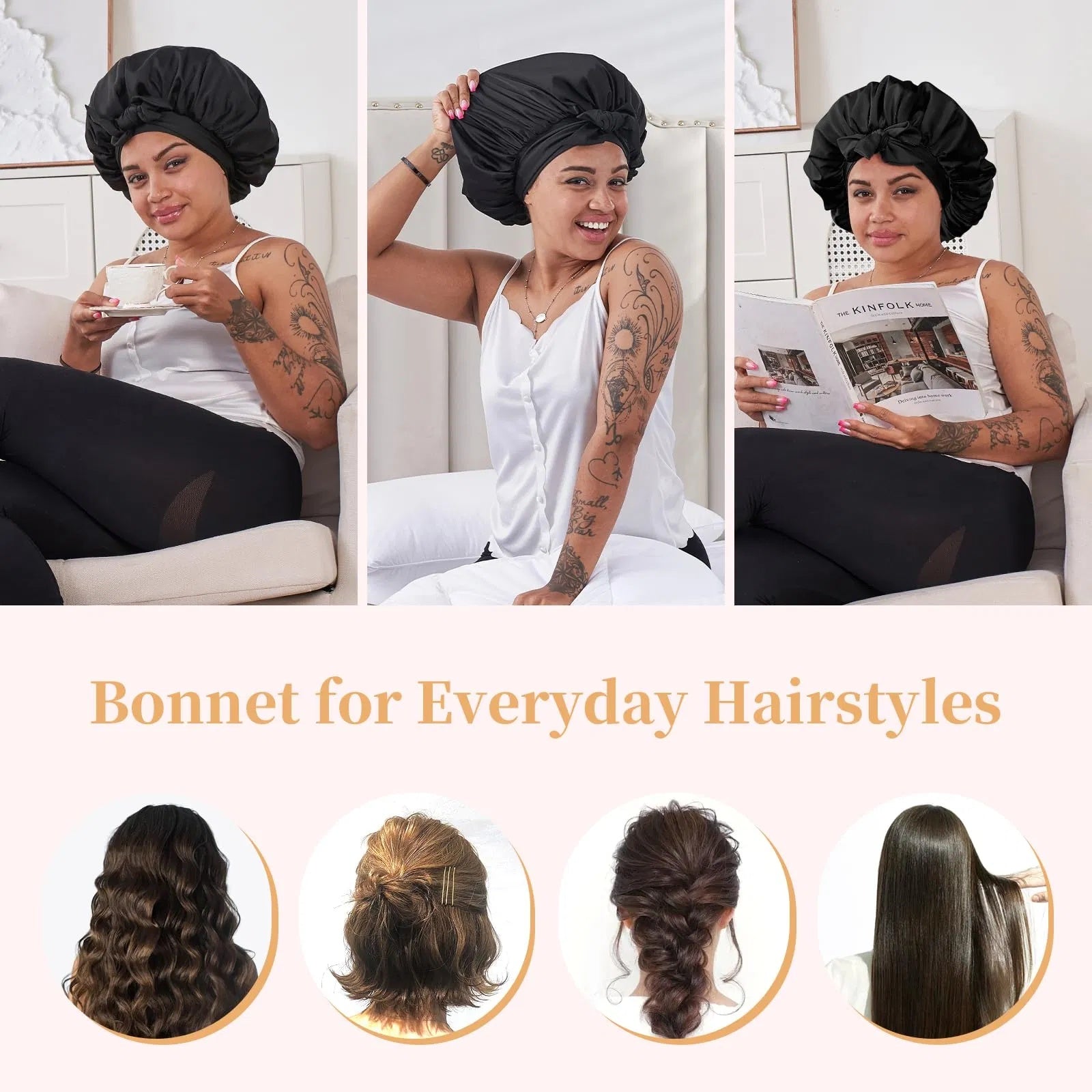 LUNIVA CARE USA unisex satin hair cap for curly hair worn by a woman relaxing and styling hair