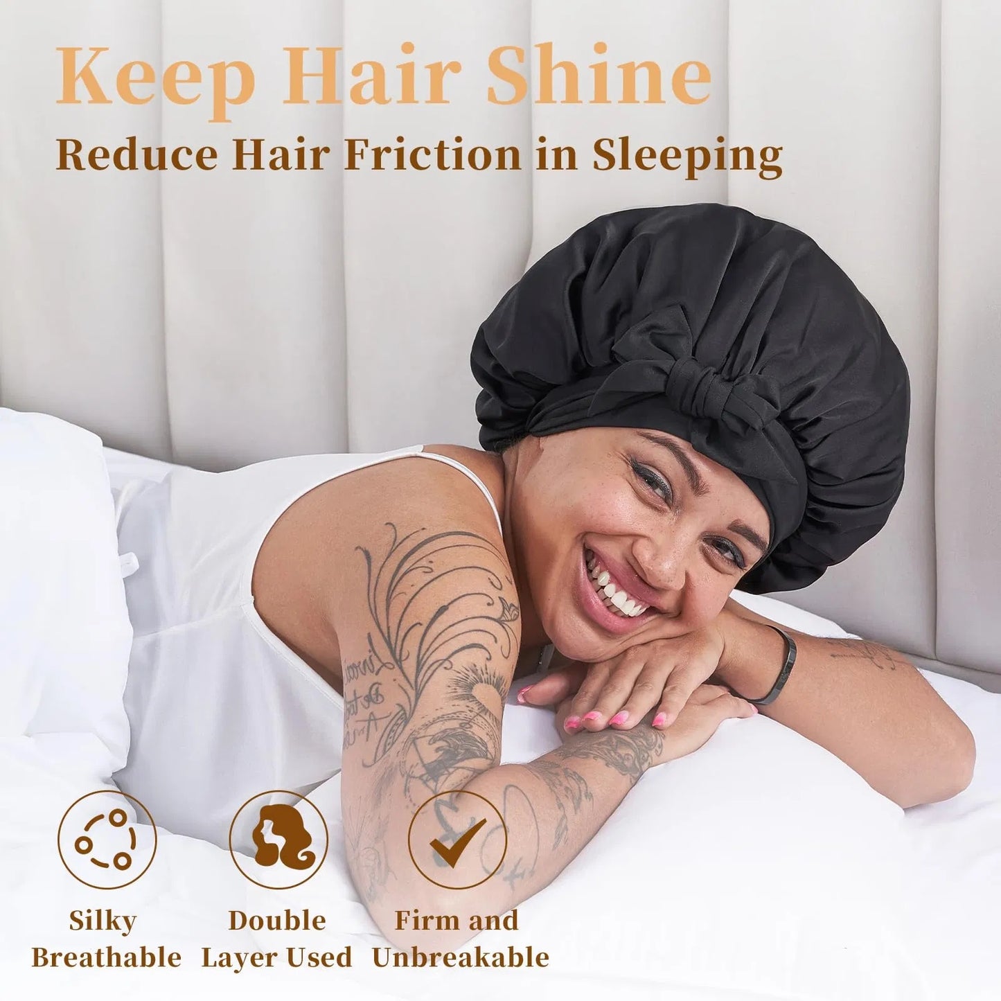 LUNIVA CARE USA unisex satin hair cap for curly hair worn by smiling woman in bed to reduce hair friction
