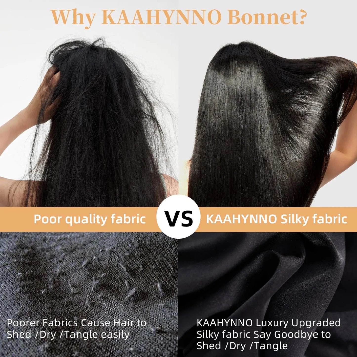 Comparison of hair with poor quality fabric and smooth hair with KAAHYNNO silky fabric showcasing unisex satin hair cap for curly hair benefits