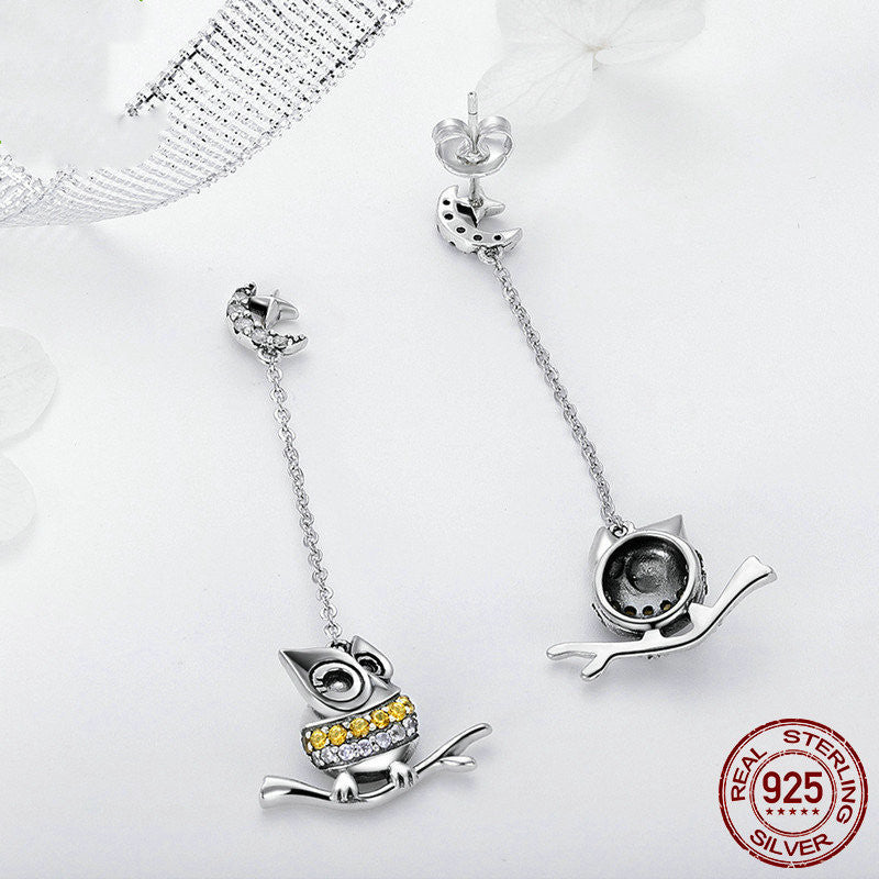LUNIVA CARE USA 14K gold electroplated long owl earrings with intricate owl design and yellow gemstone accents