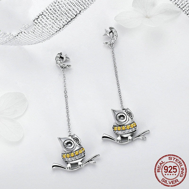 LUNIVA CARE USA 14K gold electroplated long owl earrings with crystal accents on sterling silver