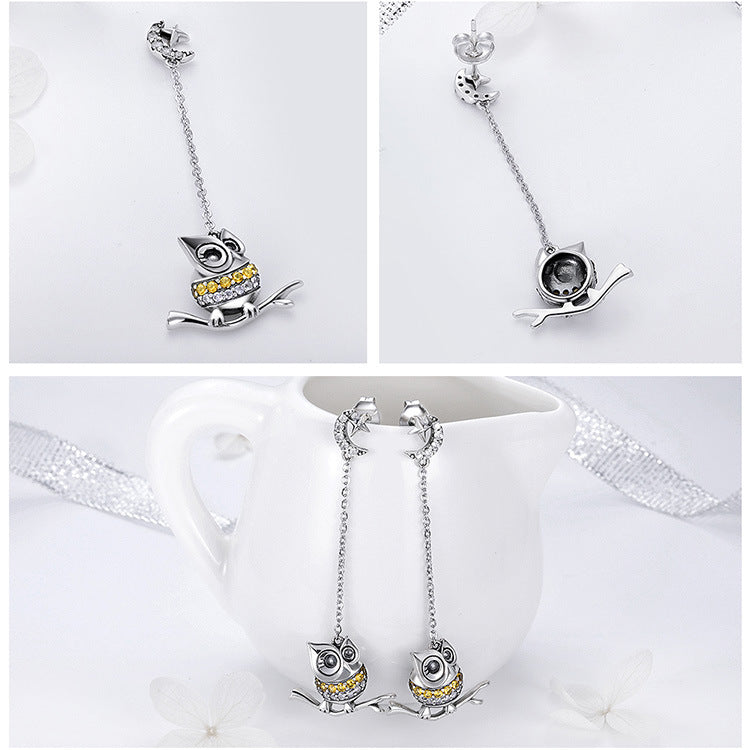 LUNIVA CARE USA 14K gold electroplated gothic long owl earrings with yellow crystals on silver branch