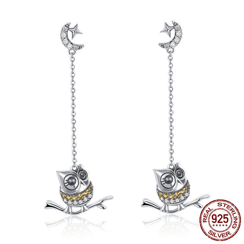 14K gold electroplated long owl earrings with crescent moon and star design by LUNIVA CARE USA