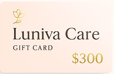 Luniva Care USA $300 self-care gift card online with elegant flower logo on soft pink background