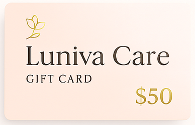 Luniva Care USA $50 self-care gift card online with elegant gold and black text on a soft pink background