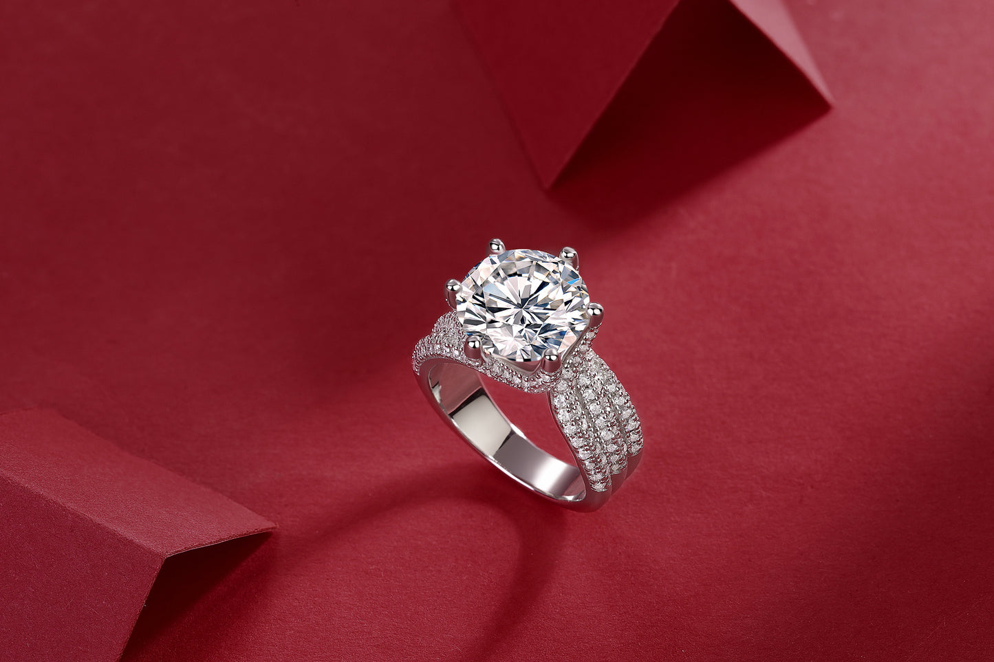 Luxury moissanite diamond ring with a large round center stone and pavé set band by LUNIVA CARE USA