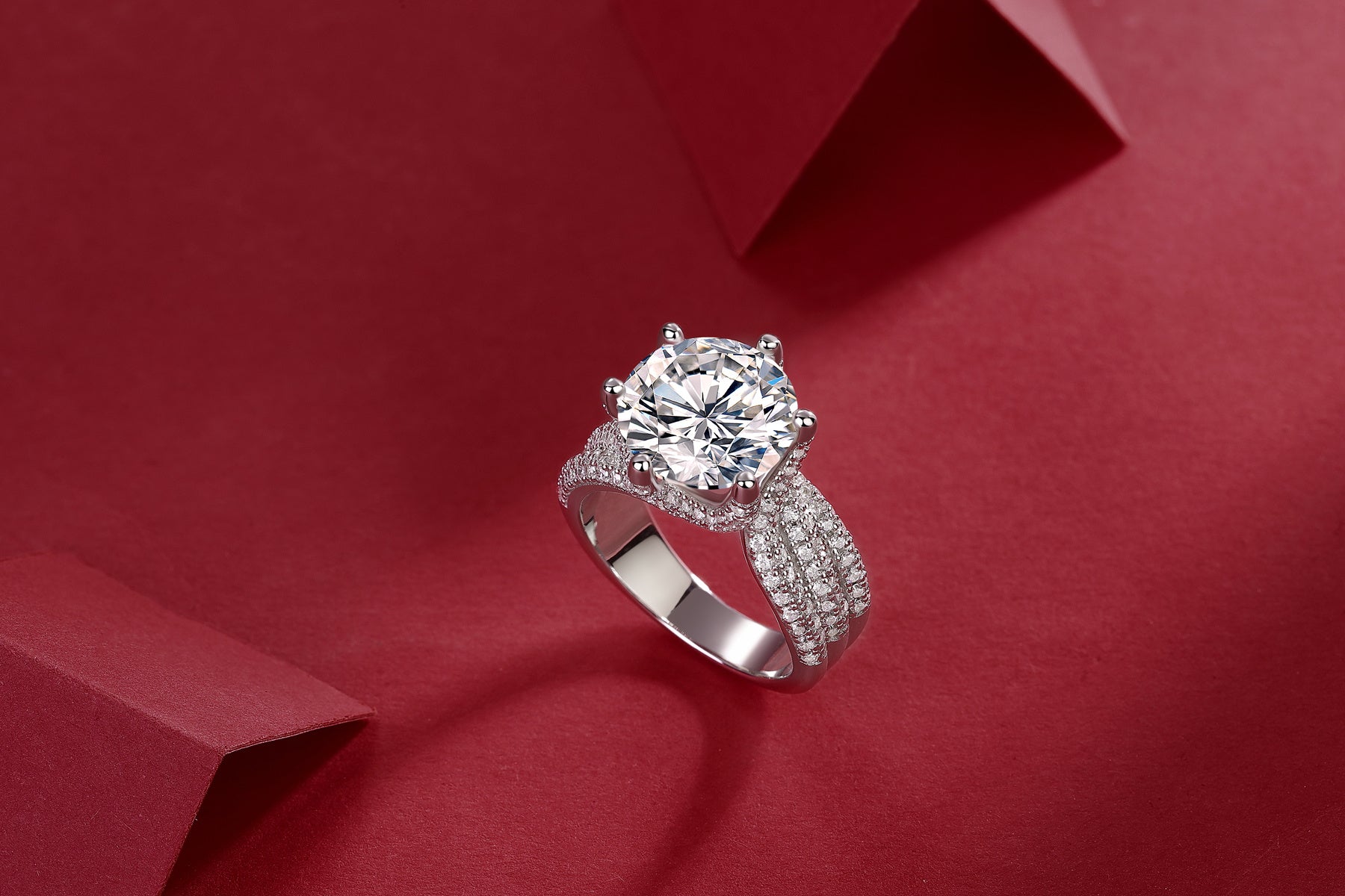 Luxury moissanite diamond ring with a large round center stone and pavé set band by LUNIVA CARE USA