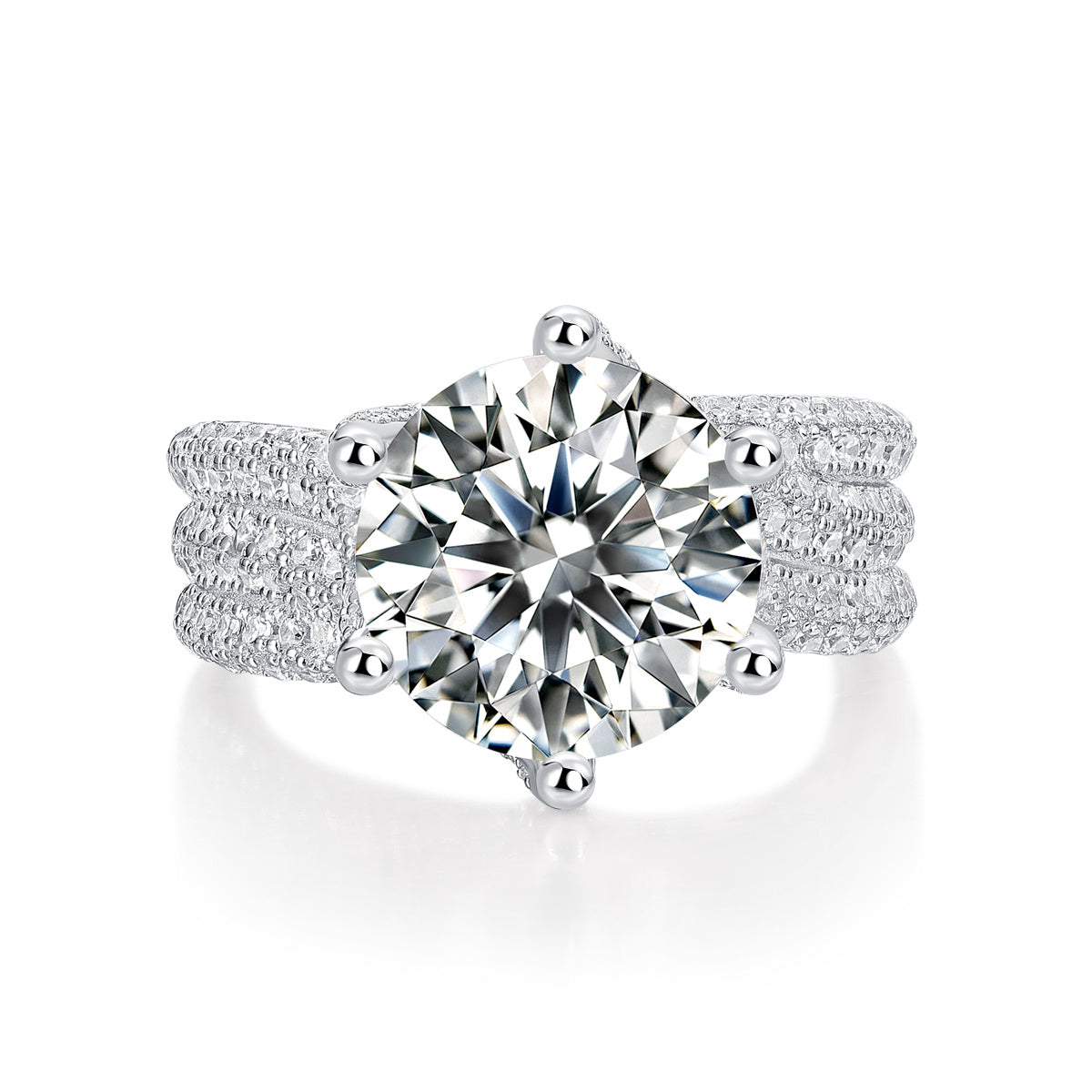 Luxury moissanite diamond ring with large round center stone and detailed silver band by LUNIVA CARE USA
