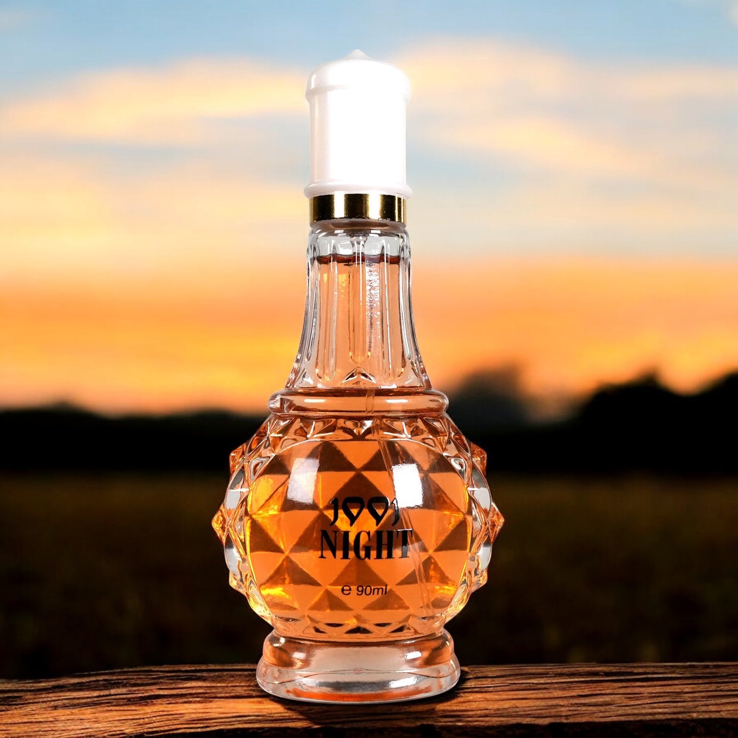 Luxury self-care perfume for women in a faceted glass bottle with gold accents and amber liquid