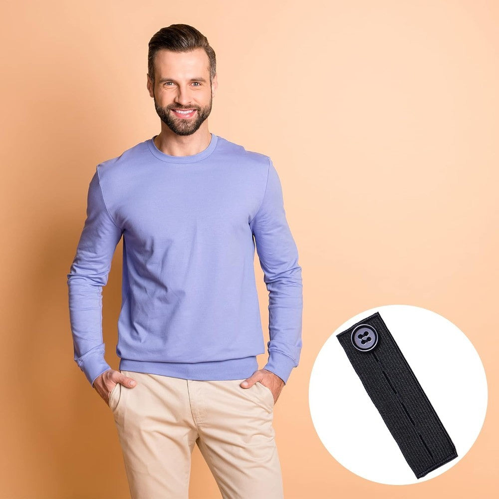Man wearing light purple sweatshirt and beige pants with black adjustable belt extension buckles