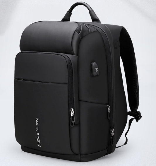 Black Oxford cloth laptop backpack with multiple zippered compartments and USB charging port