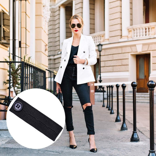 Adjustable belt extension buckles by LUNIVA CARE USA shown with a stylish woman wearing black and white outfit